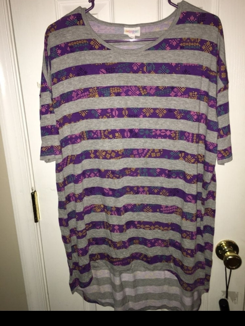 LuLaRoe Gray and Purple Striped Short Sleeve Tee